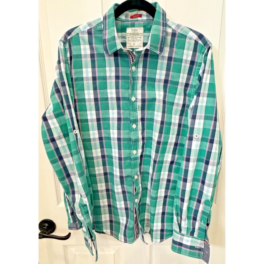 Limon Company Shirt Mens Large Green Blue Plaid Button Down Collar Long Sleeve